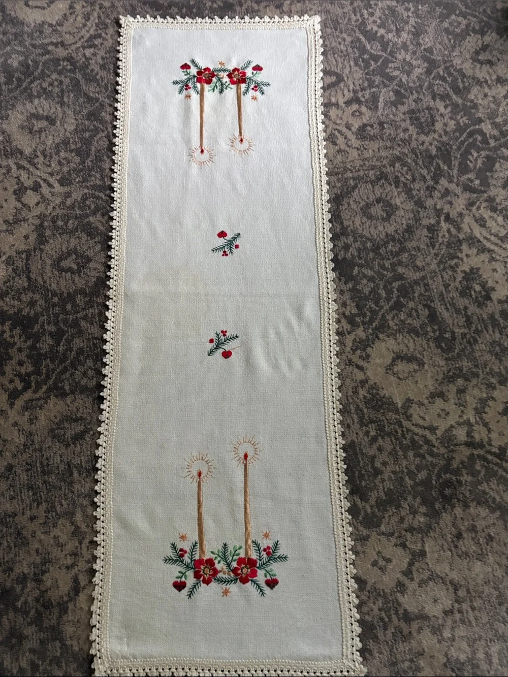 Hand-Embroidered White Holiday Table Runner with Red Floral Candles 41”L x 14”W